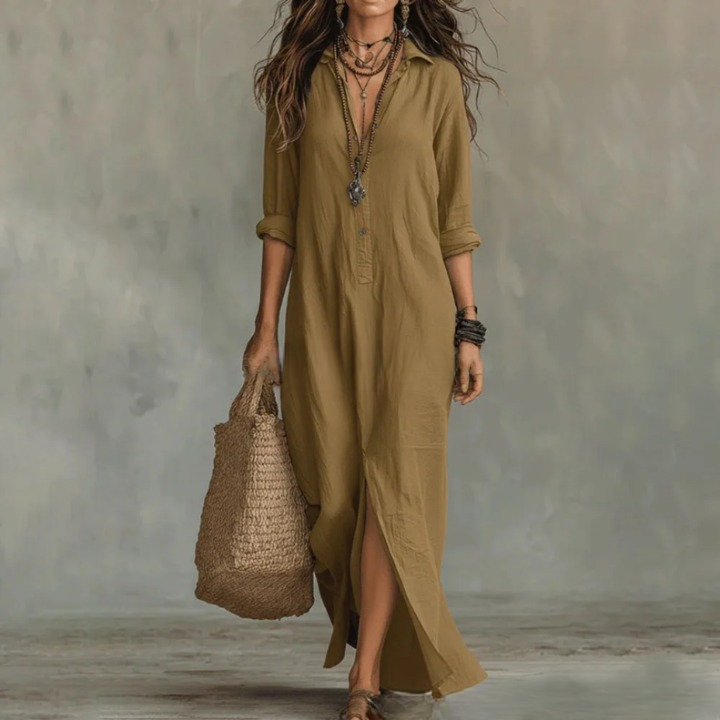 Anouk - Boho Linnen Maxi Jurk Dames met Hemdkraag en Knoopsluiting