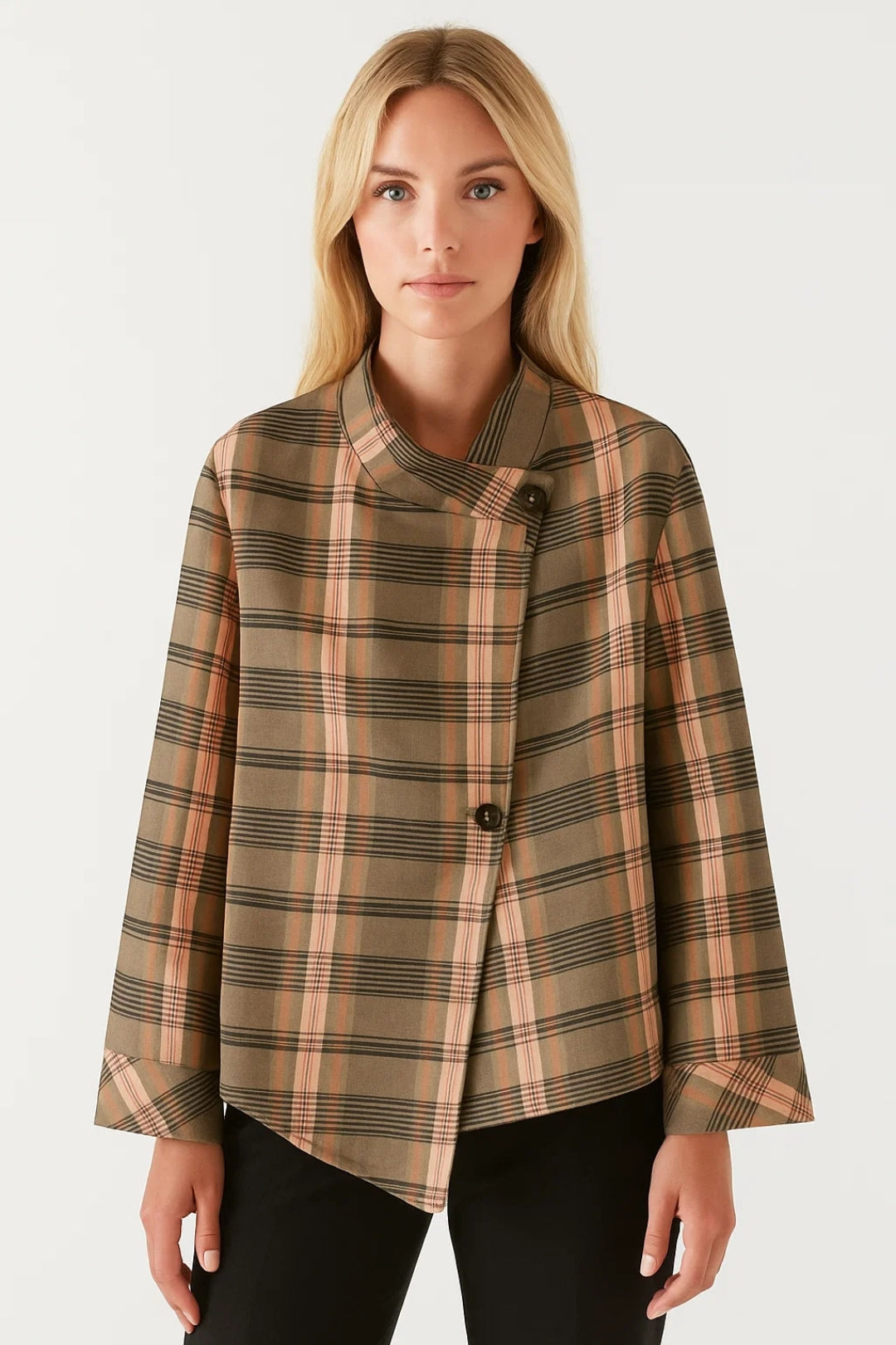 Asymmetrisch Damesjack | Ruitdessin met Opstaande Kraag | Elegant en Uniek