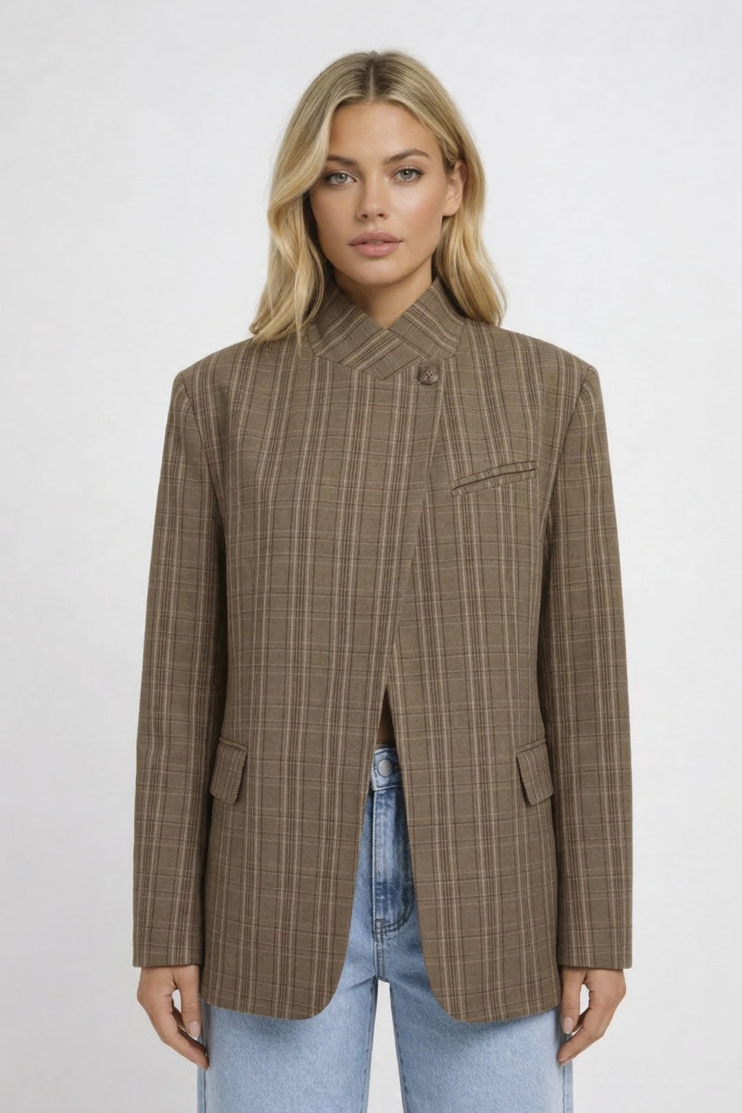 Blazer Dames - Oversized Ruitpatroon met Opstaande Kraag | Chique