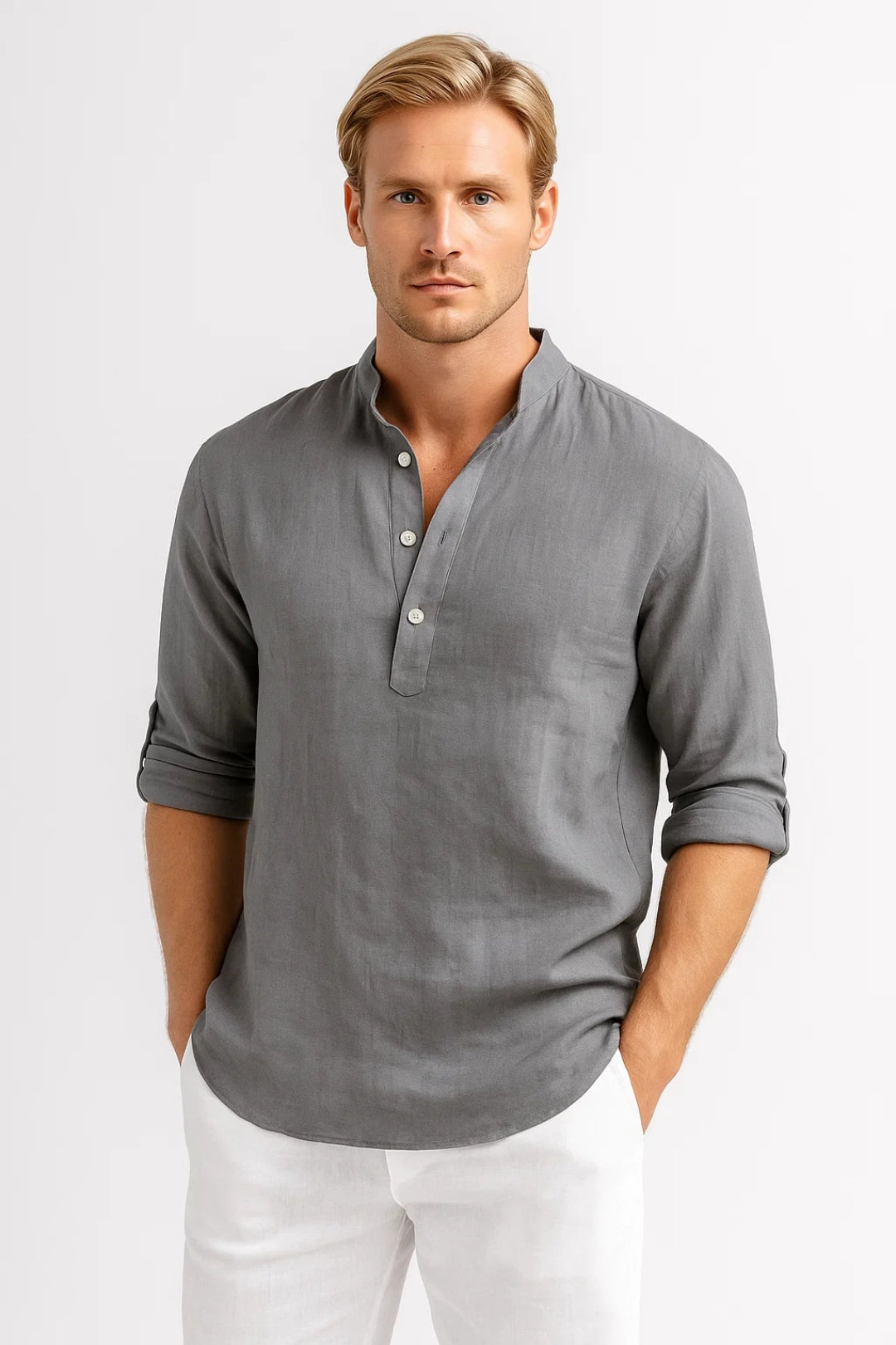 Overhemd Heren - Relaxed Fit Opstaande Kraag Lange Mouw | Zomer
