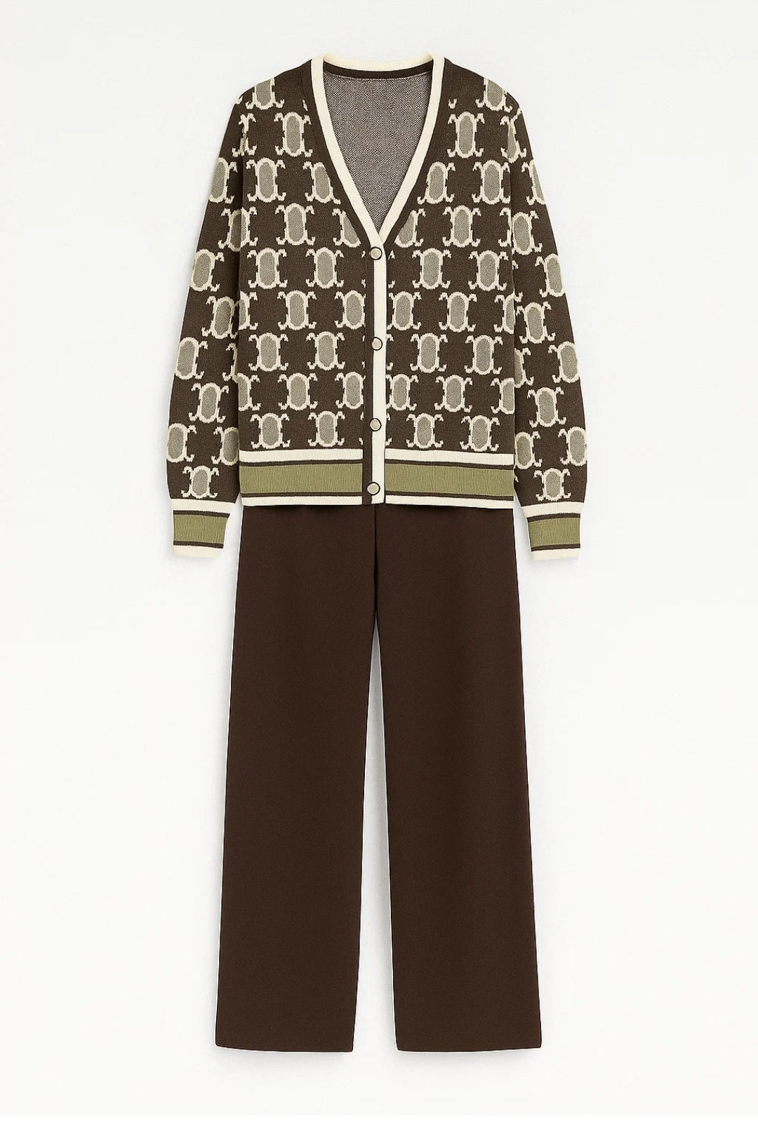 Gebreide Damesset | V-Hals Vest met Patroon en Wijde Broek | Comfortabele Loungewearstijl
