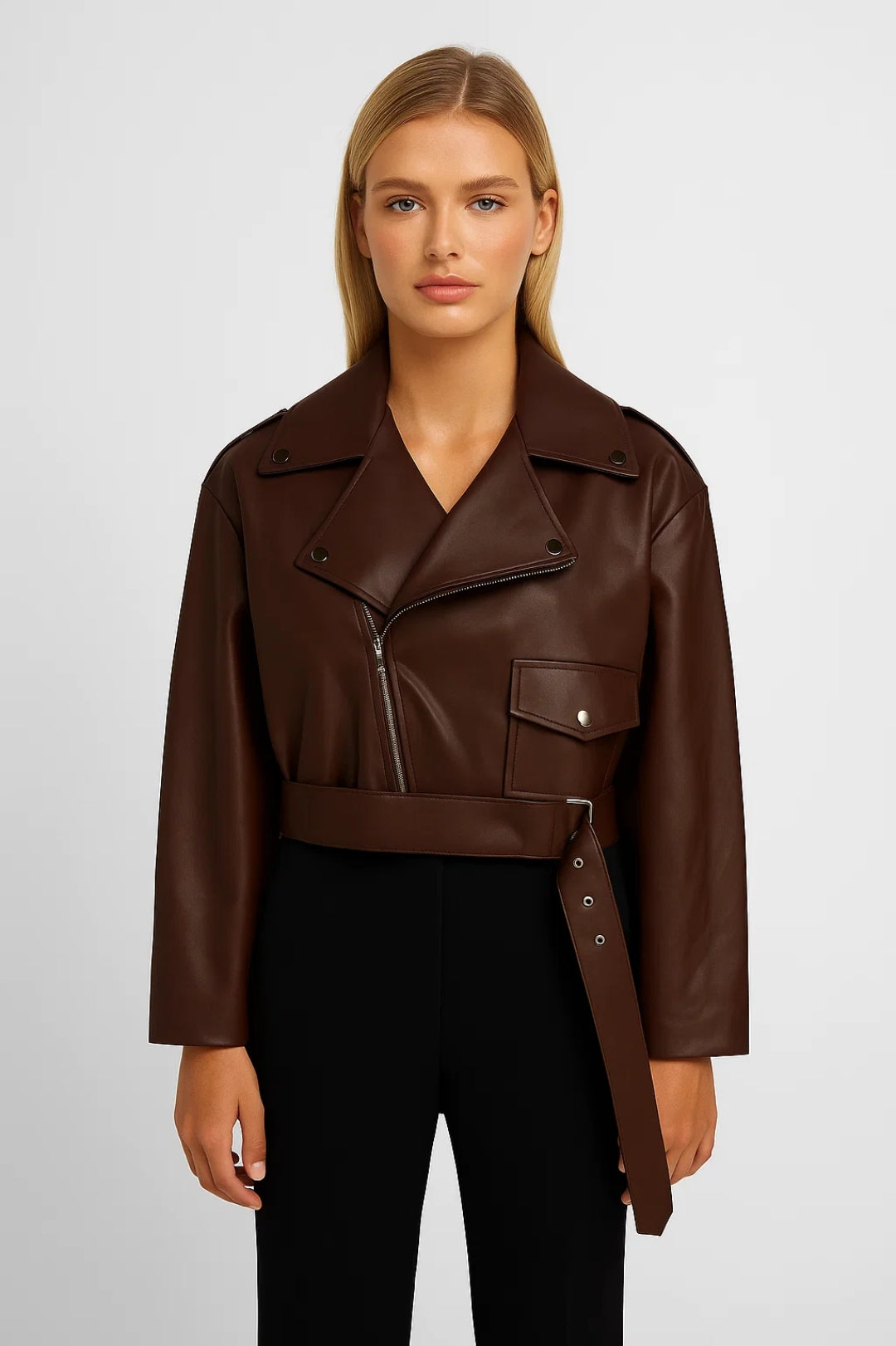 Cropped Bikerjack Dames | Asymmetrische Rits en Ceintuur | Modern en Stoer