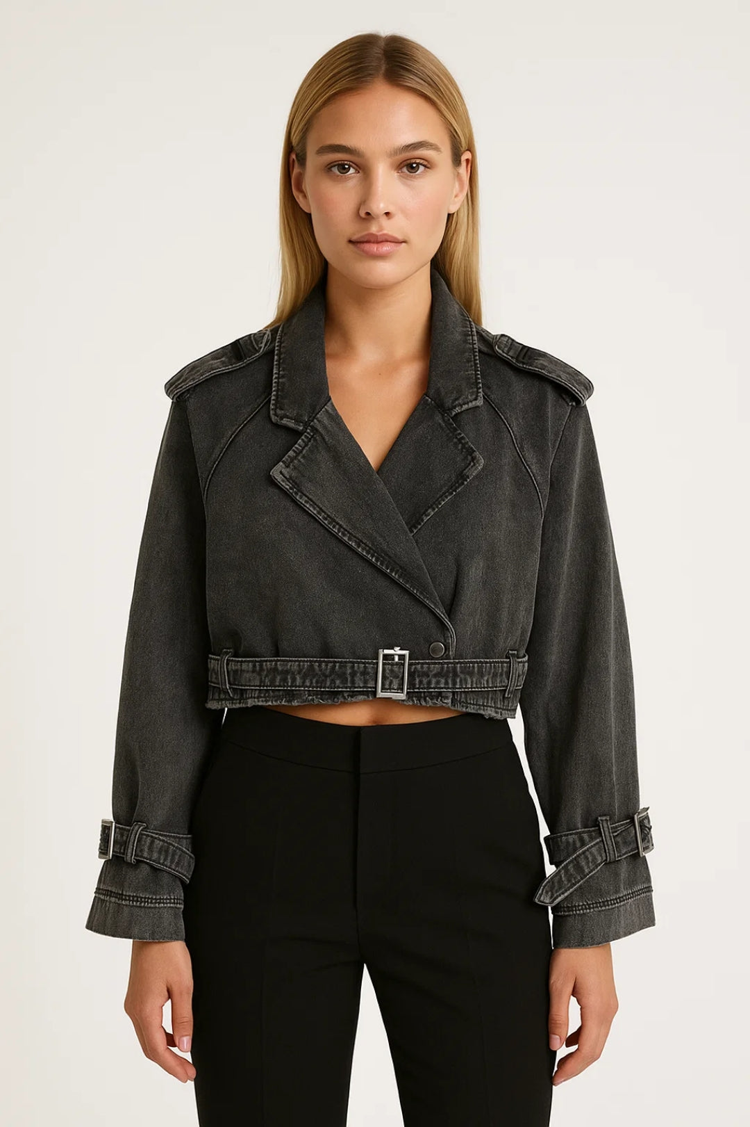 Cropped Damesjack | Denim Look met Gespdetail | Stoer en Modern