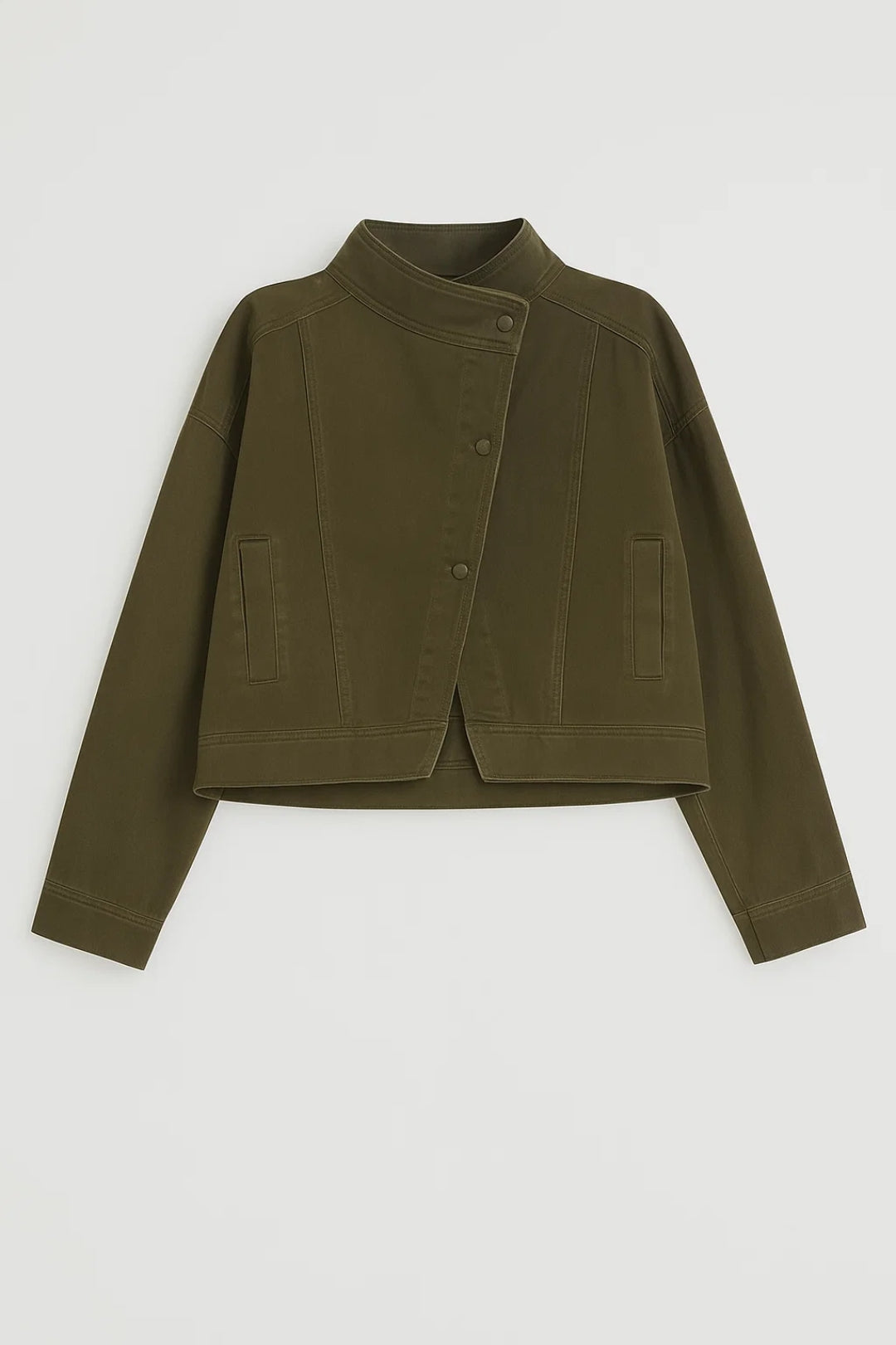 Cropped Damesjas | Opstaande Kraag & Drukknoopsluiting | Minimalistisch Design