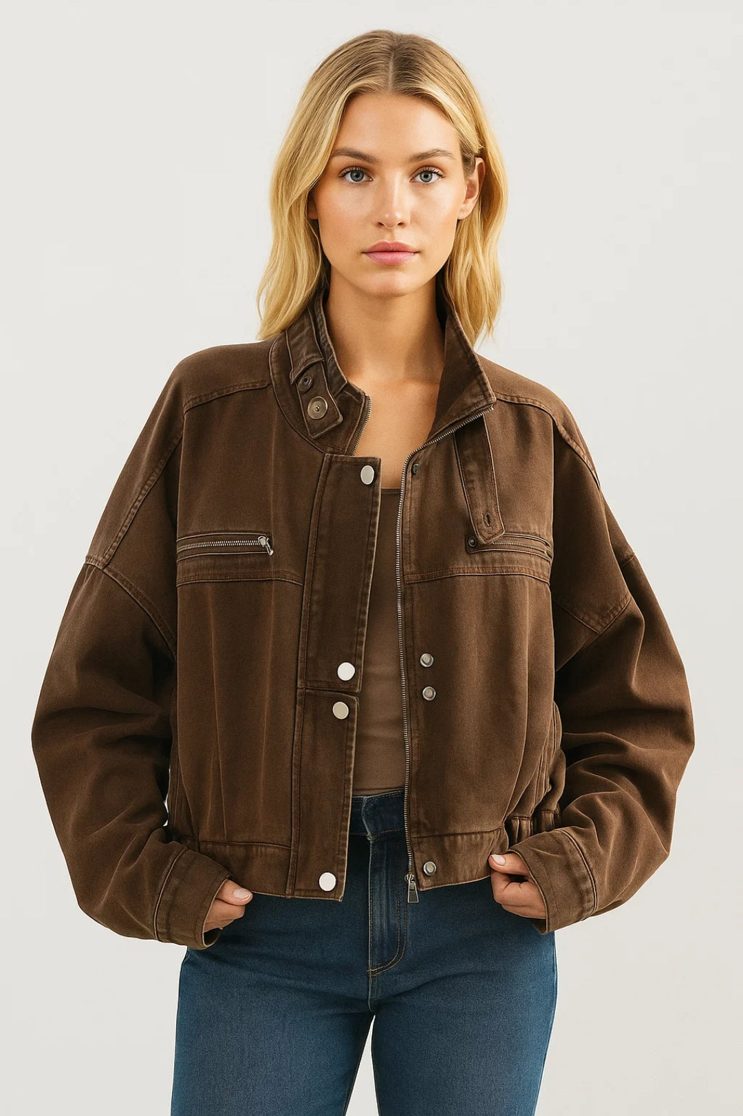 Cropped Jas | Utility Look met Opstaande Kraag | Stoer en Casual