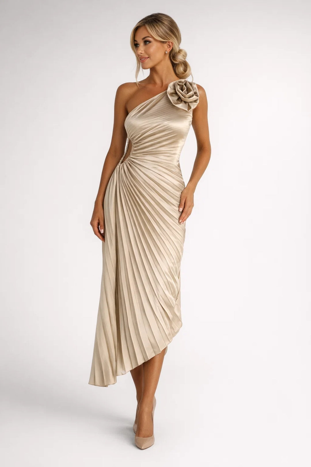 Midi Jurk Dames - One Shoulder met Geplooide Rok en Bloem Detail