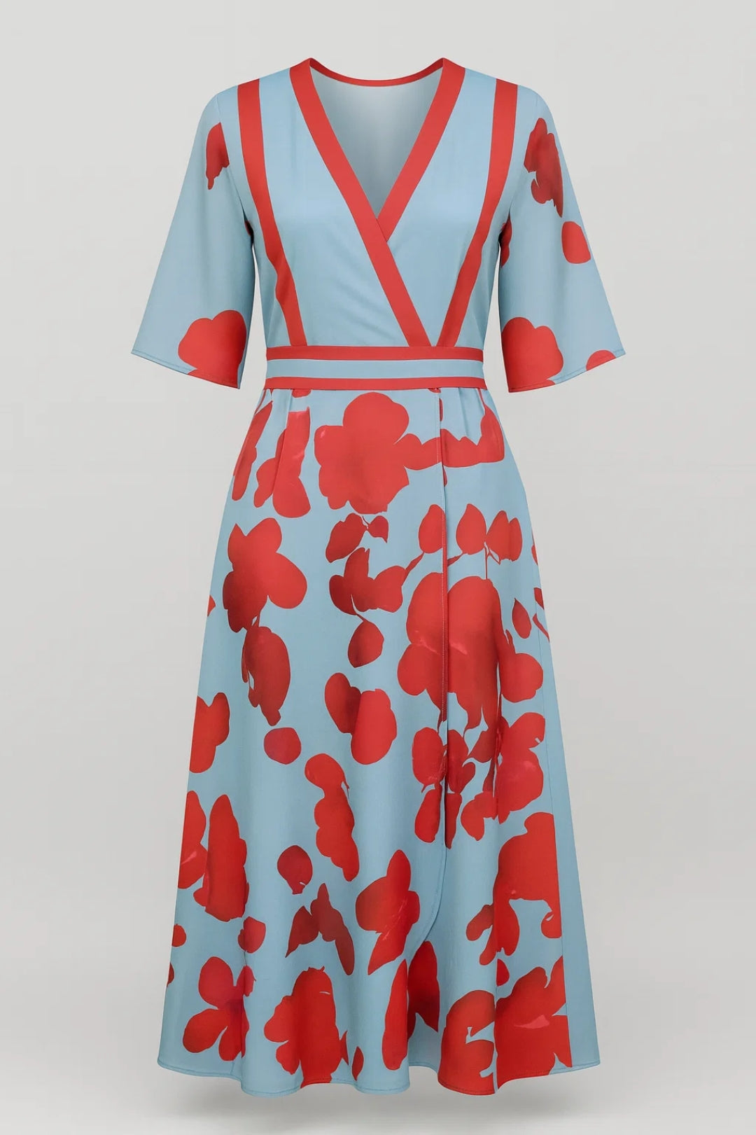 Midi Jurk Dames - Overslag V-hals met Bloemenprint en Korte Mouwen