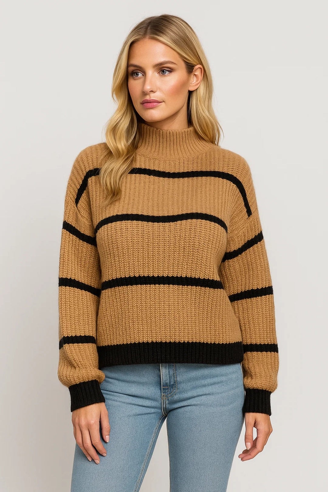 Damestrui | Gebreide Trui met Strepen en Opstaande Kraag | Warm en Tijdloos