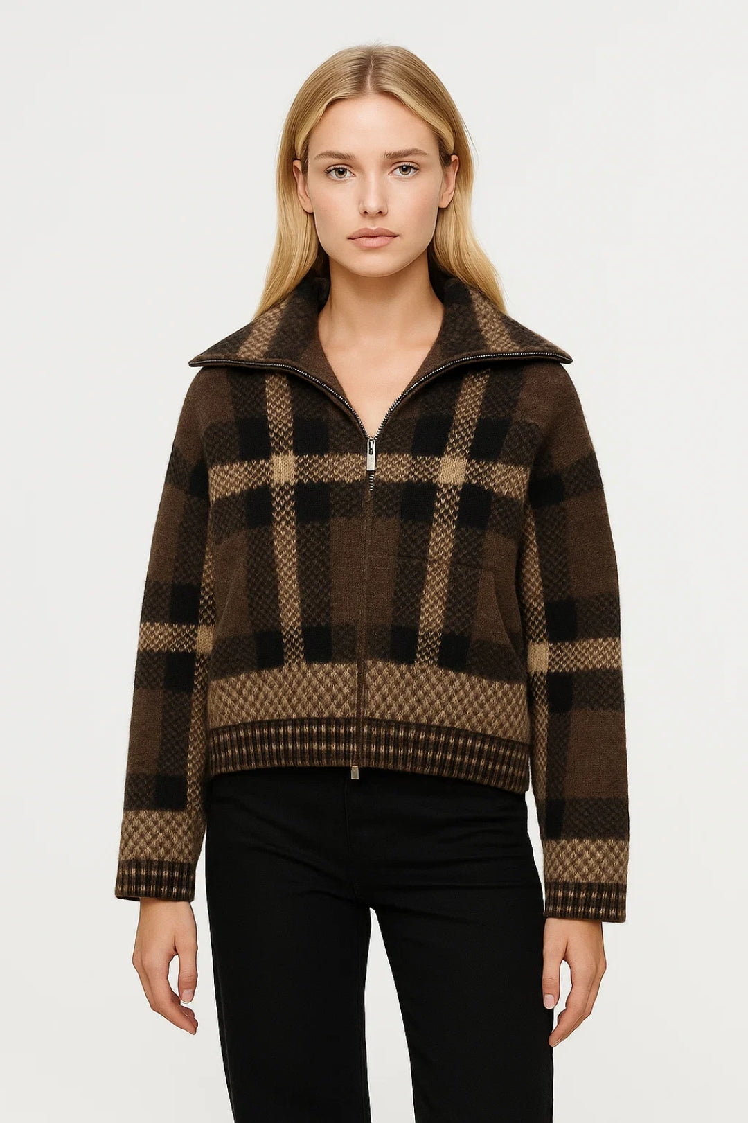 Damesvest met Rits | Ruitpatroon en Opstaande Kraag | Warm en Stijlvol