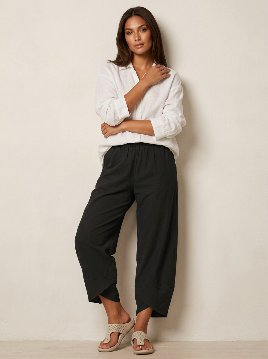 Demi - Casual Linnen Broek Dames Cropped met Ruime Pijp en Elastische Taille