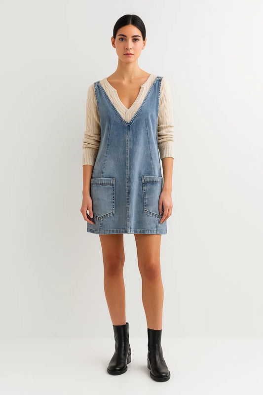 Denim Overslagjurk | Mouwloos A-Lijn Model met Zakken | Lichtgewicht en Ademend