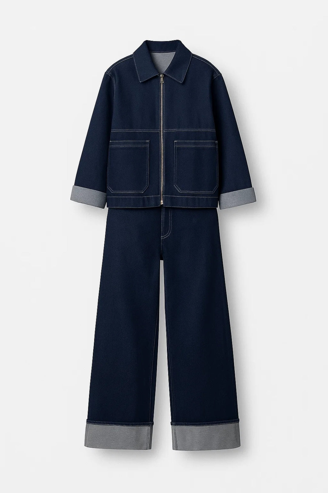 Denim Set | Boxy Jas met Rits | Rechte Broek met Omgeslagen Zoom