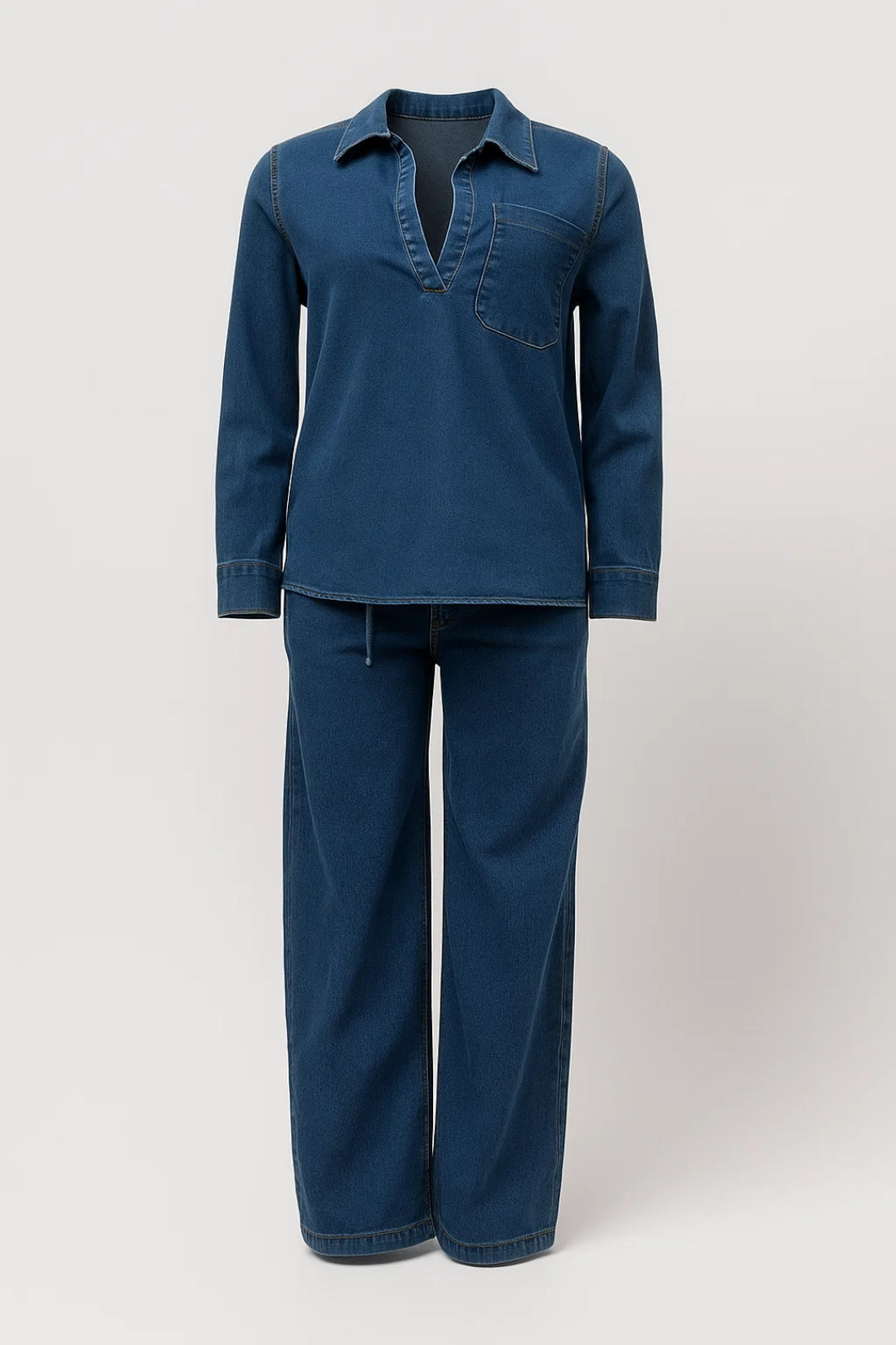 Denim Set | Casual Top met Kraag | Relaxte Broek met Rechte Pijpen