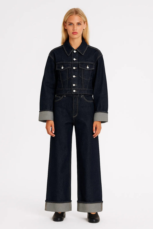 Denim Set | Getailleerd Jack met Wijde Pijpen | Tijdloze Stijl