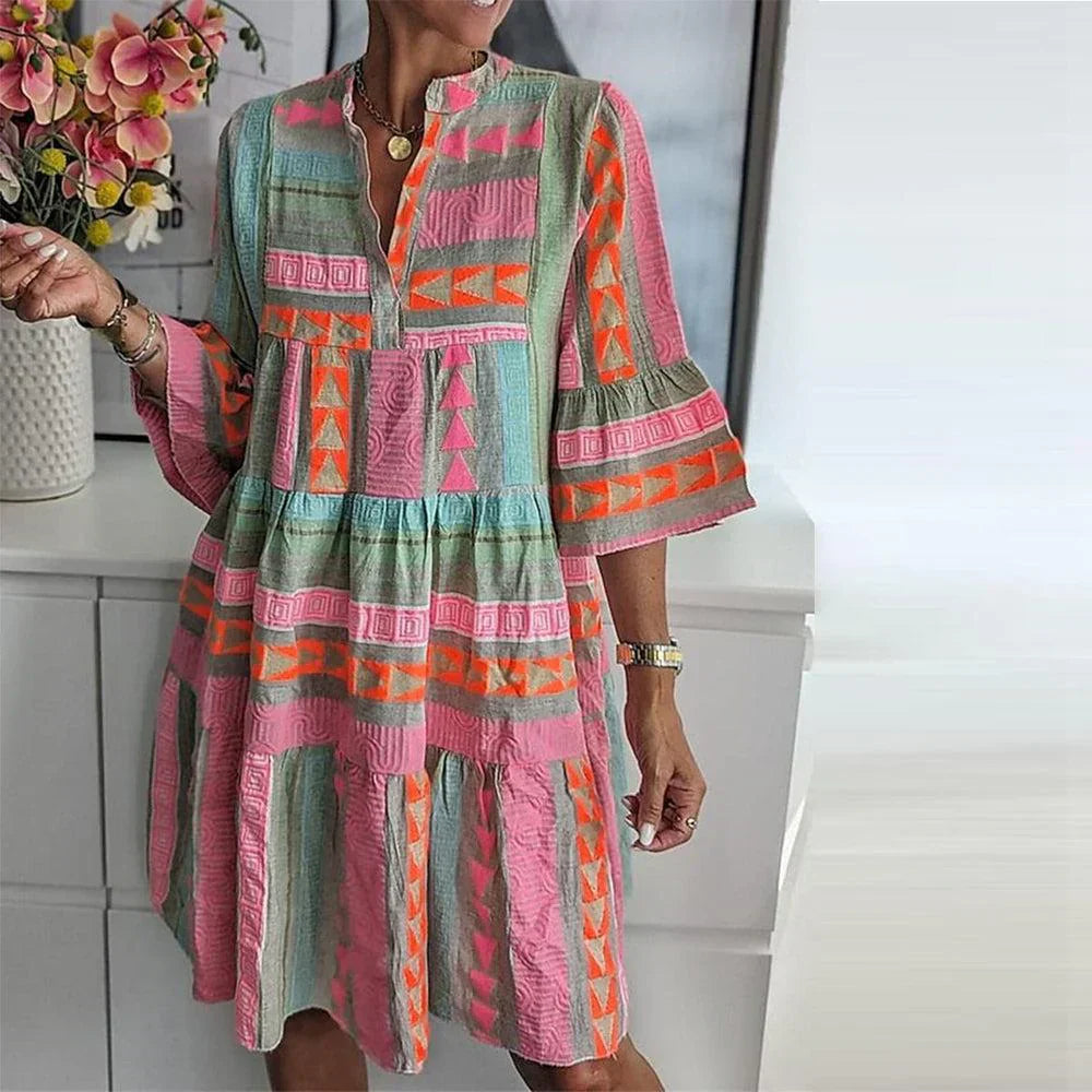 Eva - Boho Zomerjurk Dames Midi met Gelaagde Rok en Etnische Print