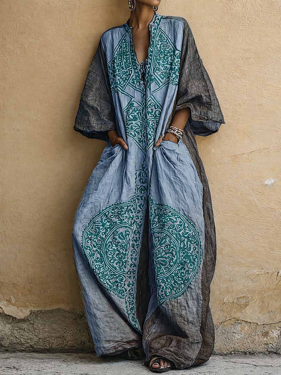 Eva - Vintage Linnen Jumpsuit Dames met Mandala Print en Oversized Cocon Silhouet