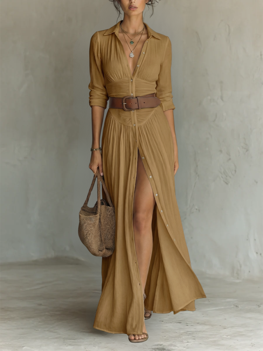 Fenna - Elegante Maxi Jurk Dames met Ceintuur en Split