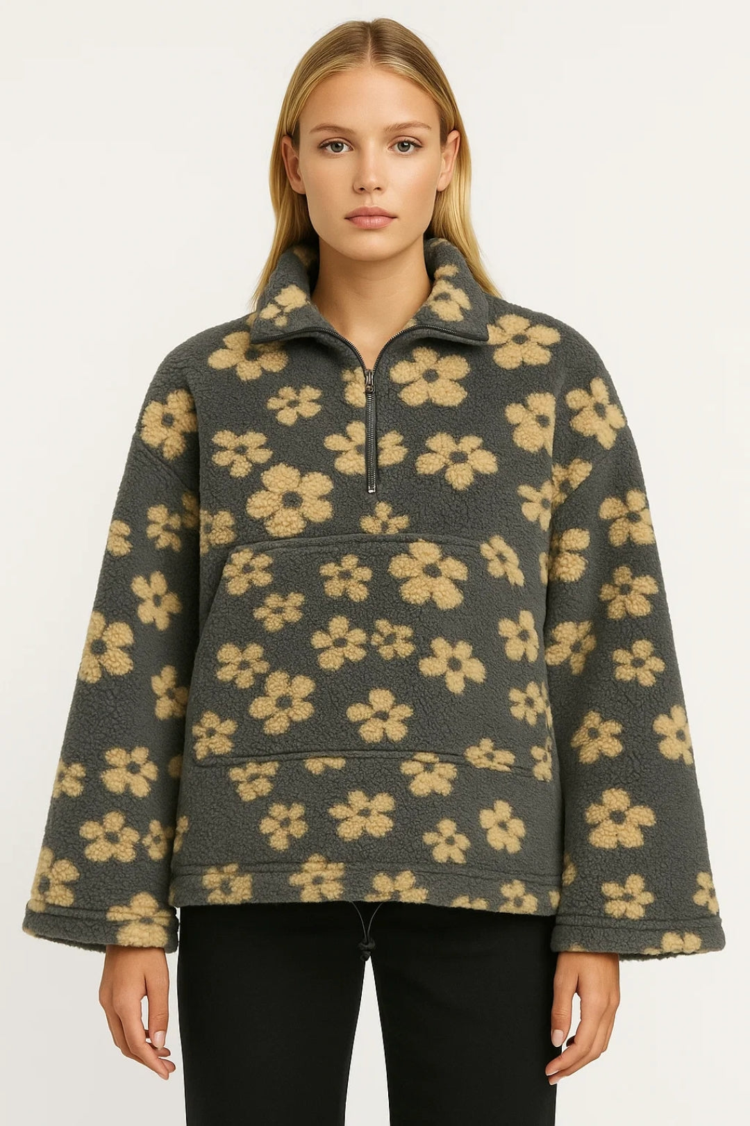 Fleece Trui voor Dames | Bloemenprint met Ritskraag | Warme Casual Look