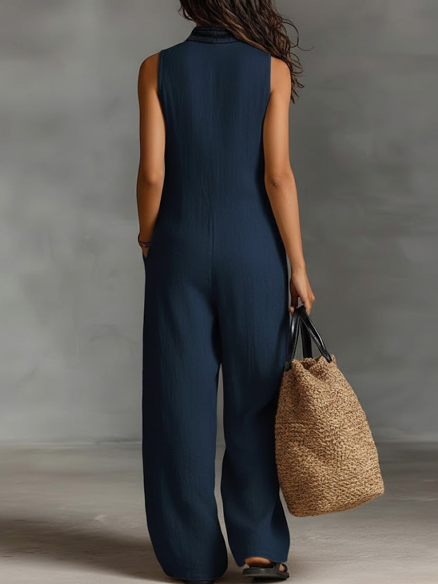 Floor - Boho Linnen Jumpsuit Dames met Diepe V-hals en Etnische Borduurrand