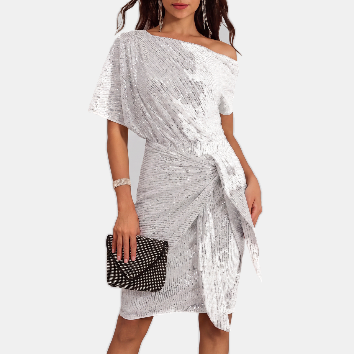 Floor - Glitter feestjurk dames midi met one shoulder en gedrapeerde overslag