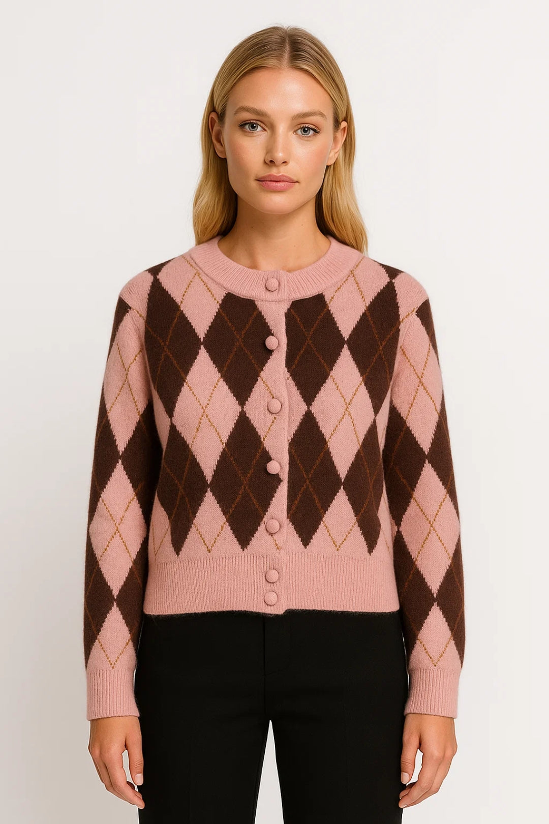 Gebreid Vest | Argyle Motief met Beklede Knopen | Retro en Vrouwelijk