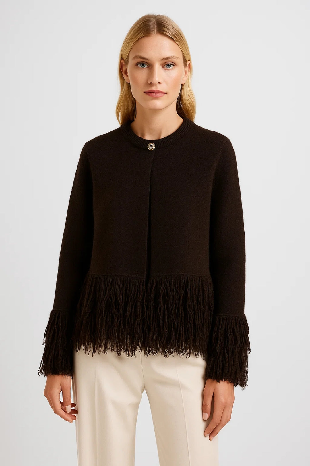Gebreid Vest | Franje-Afwerking en Enkele Knoopsluiting | Elegante Boho Stijl