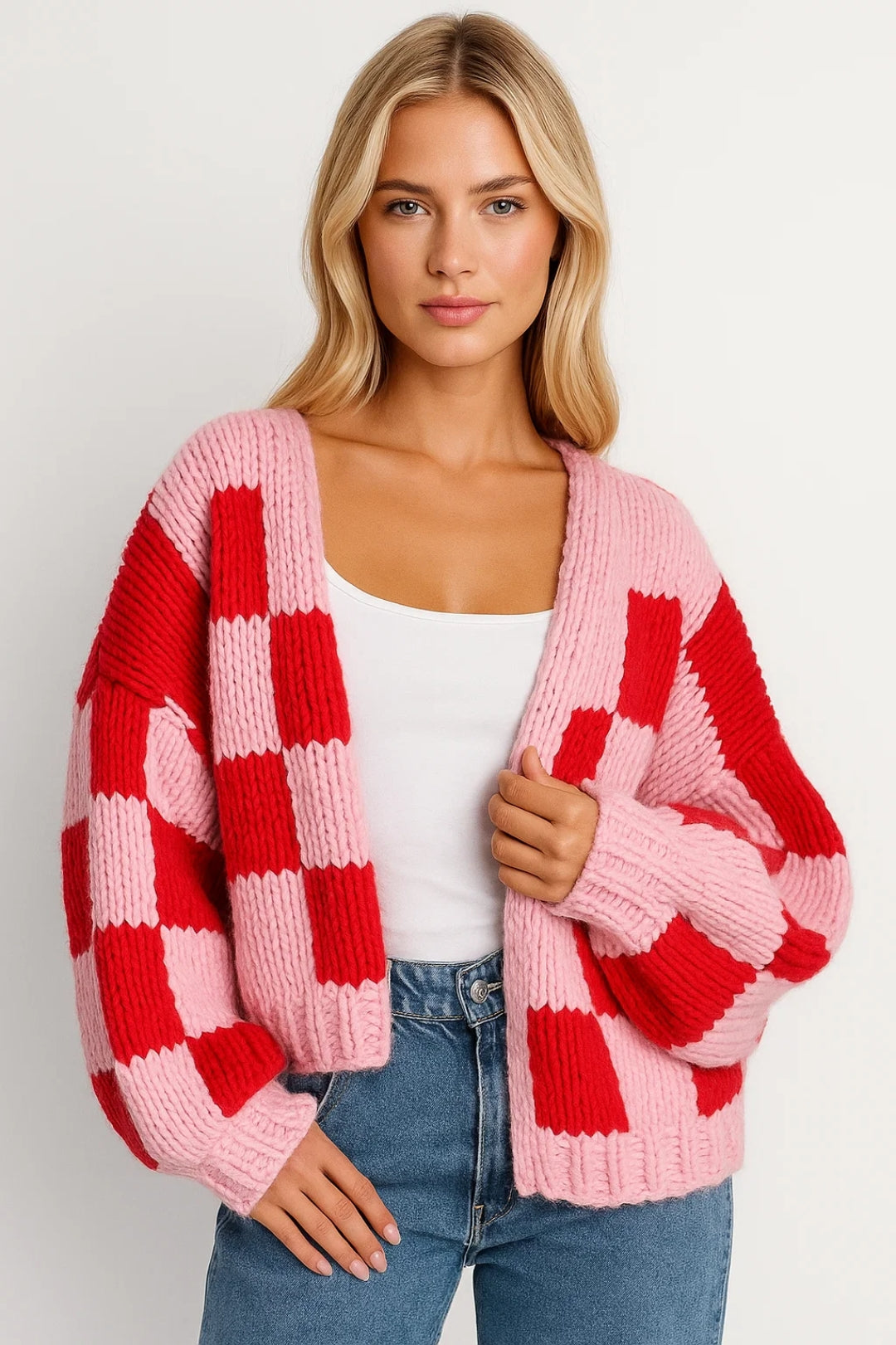 Gebreid Vest | Ruitpatroon met Statement Mouwen | Speels en Opvallend