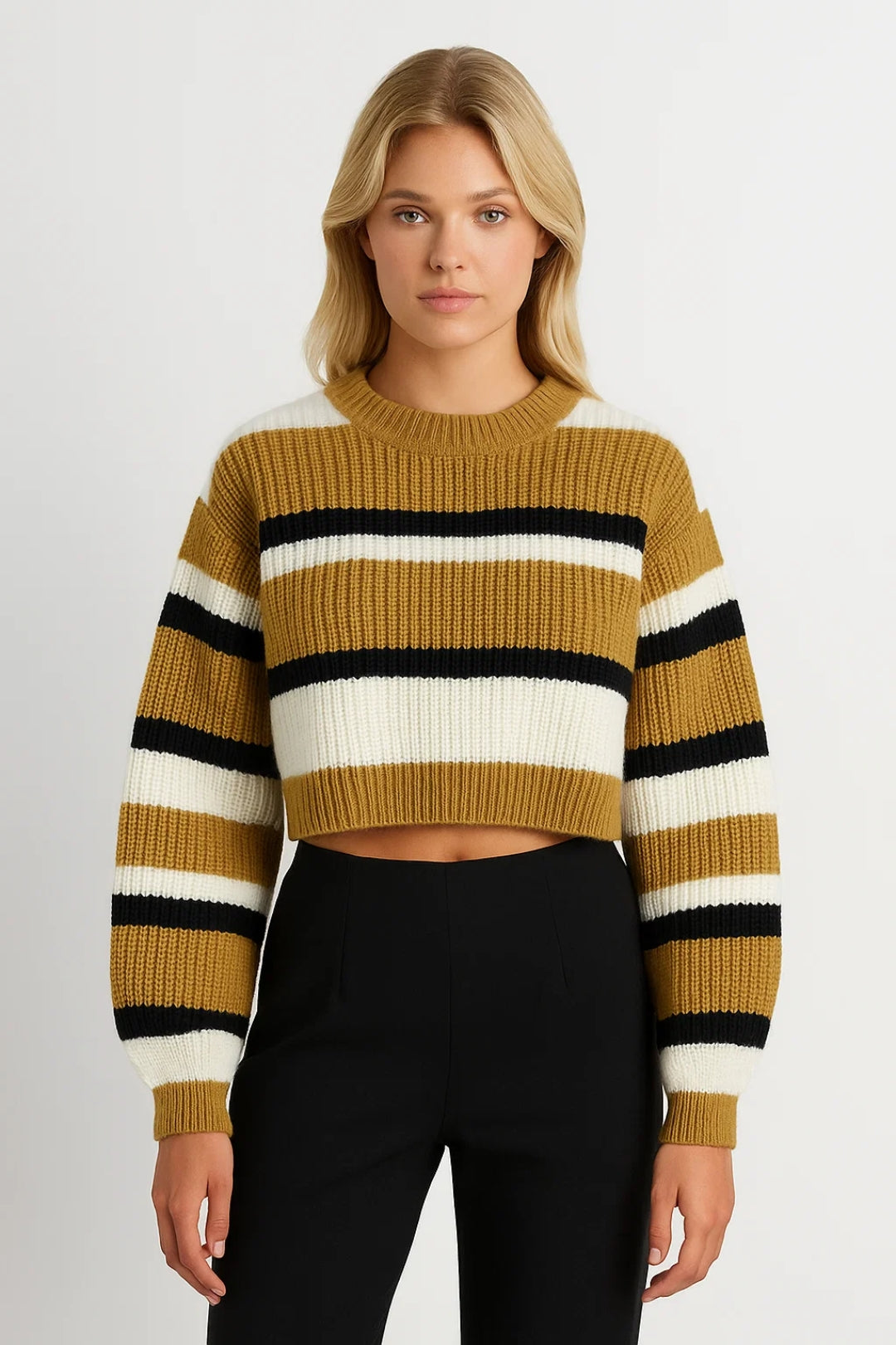 Gebreide Cropped Trui | Gestreept Design met Ronde Hals | Trendy en Comfortabel
