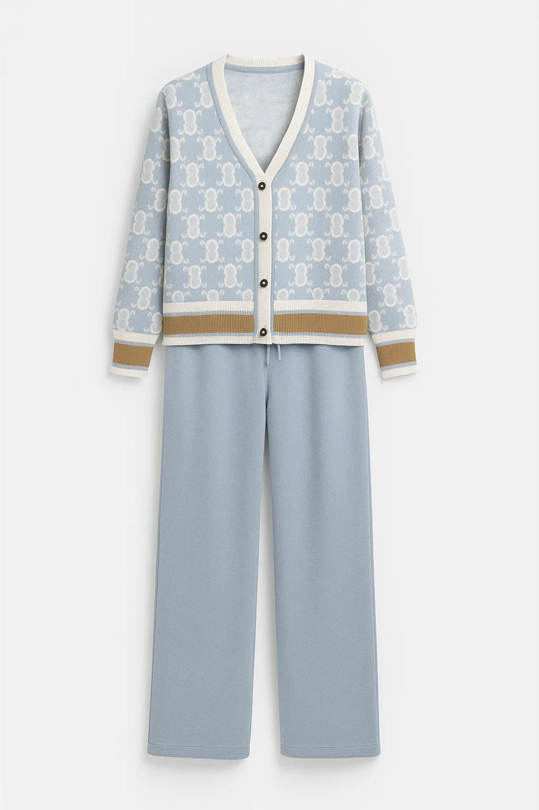 Gebreide Damesset | V-Hals Vest met Patroon en Wijde Broek | Comfortabele Loungewearstijl
