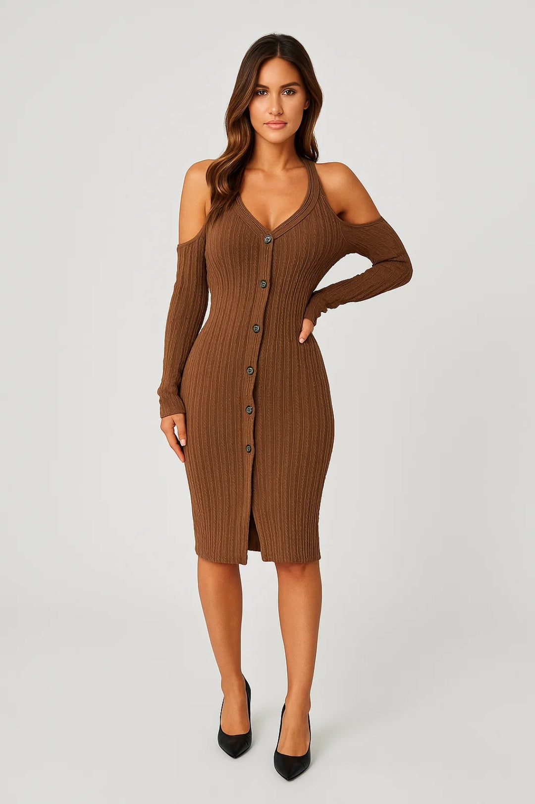 Gebreide Jurk | Cold Shoulder met Knoopsluiting | Modern en Comfortabel