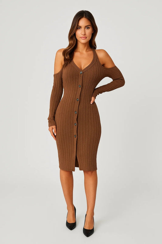 Gebreide Jurk | Cold Shoulder met Knoopsluiting | Modern en Comfortabel