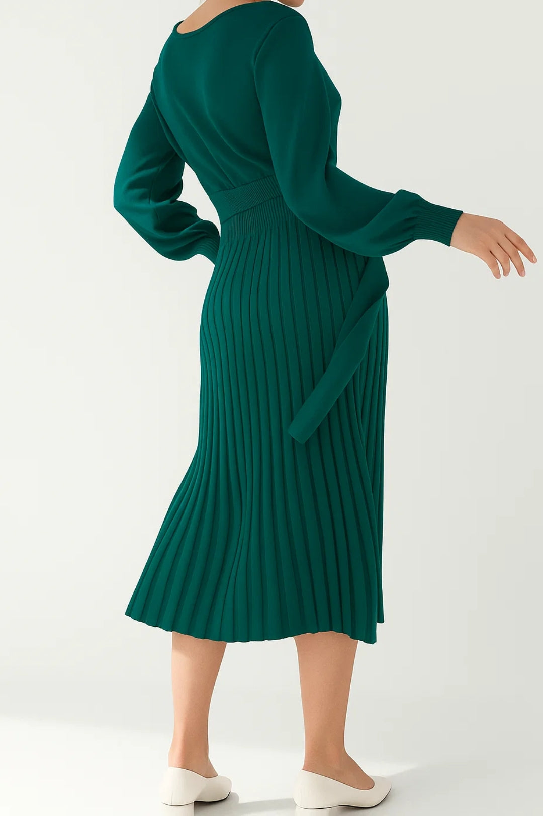 Gebreide Jurk | Lange Mouwen met Plissé Rok | Elegante Taille Accent