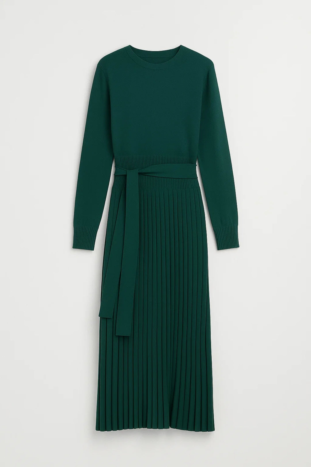 Gebreide Jurk | Lange Mouwen met Plissé Rok | Elegante Taille Accent