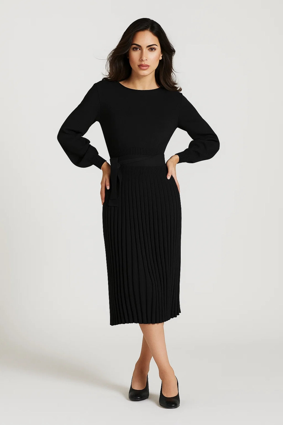 Gebreide Jurk | Lange Mouwen met Plissé Rok | Elegante Taille Accent