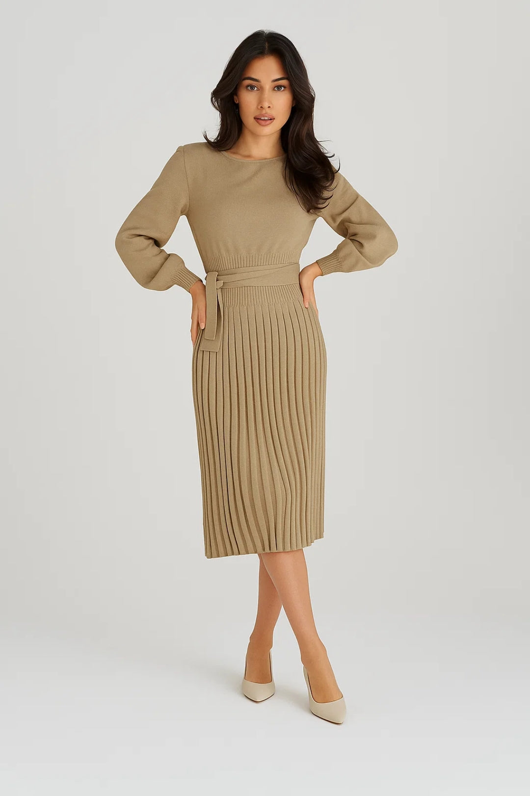 Gebreide Jurk | Lange Mouwen met Plissé Rok | Elegante Taille Accent