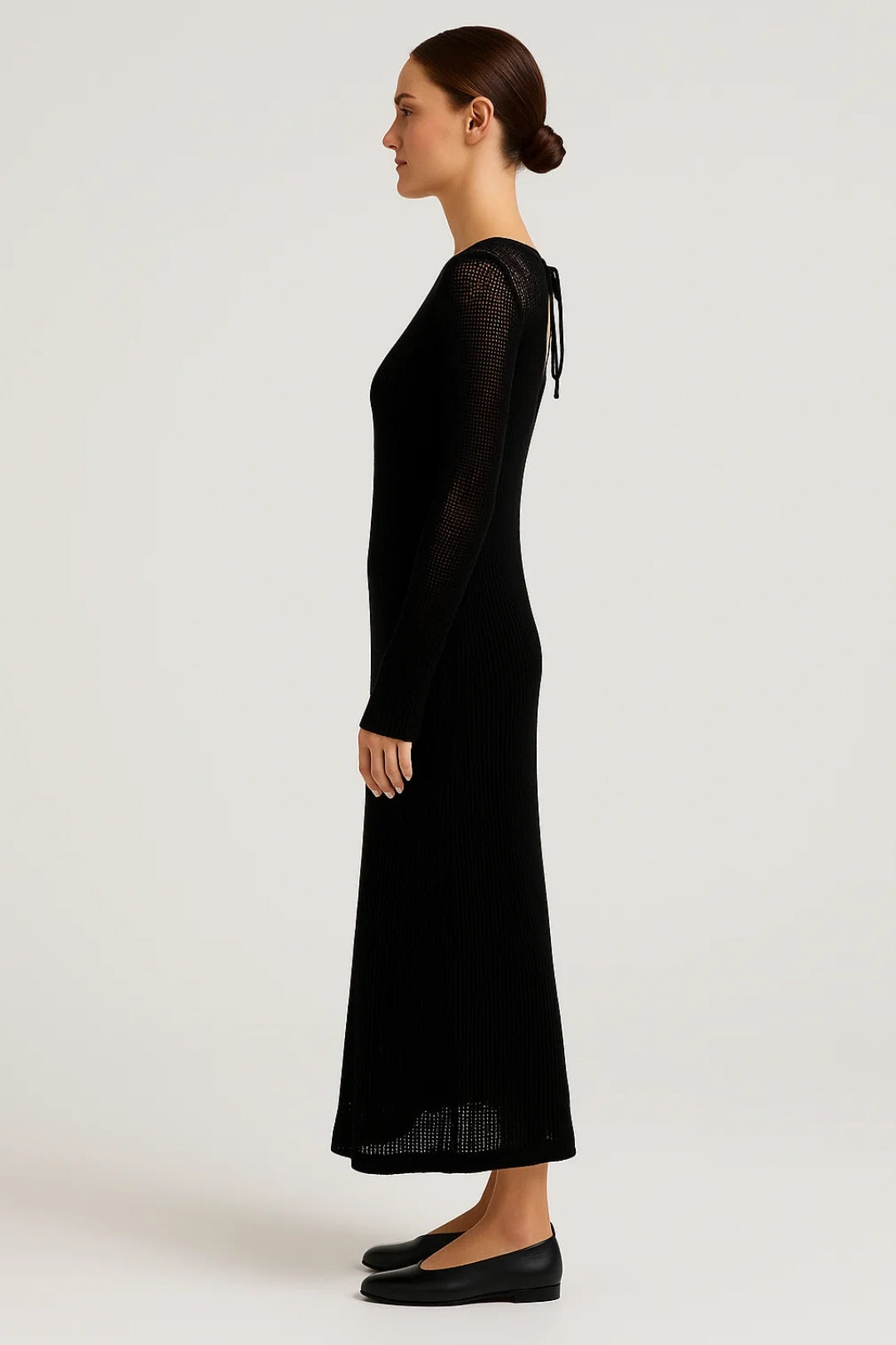 Gebreide Maxi Jurk | Lange Mouwen met Transparante Textuur | Moderne Gelaagde Look