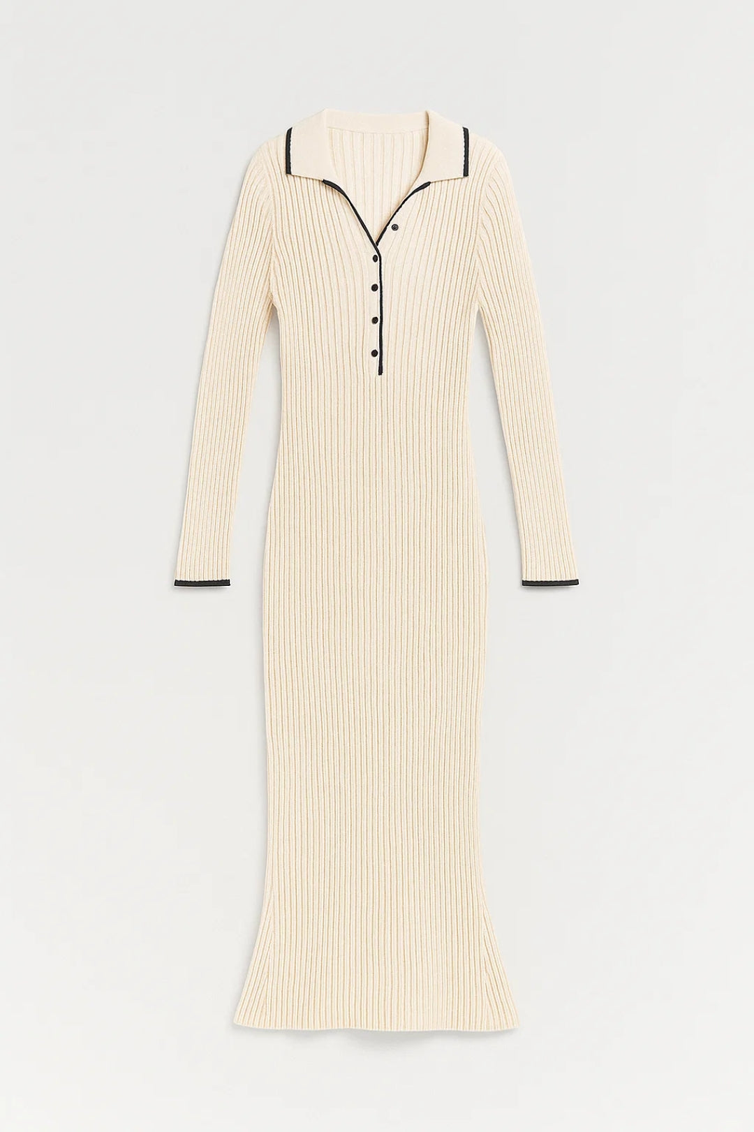 Gebreide Maxi Jurk met Kraag | Geribd Design en Contrasterend Detail | Warm en Elegant