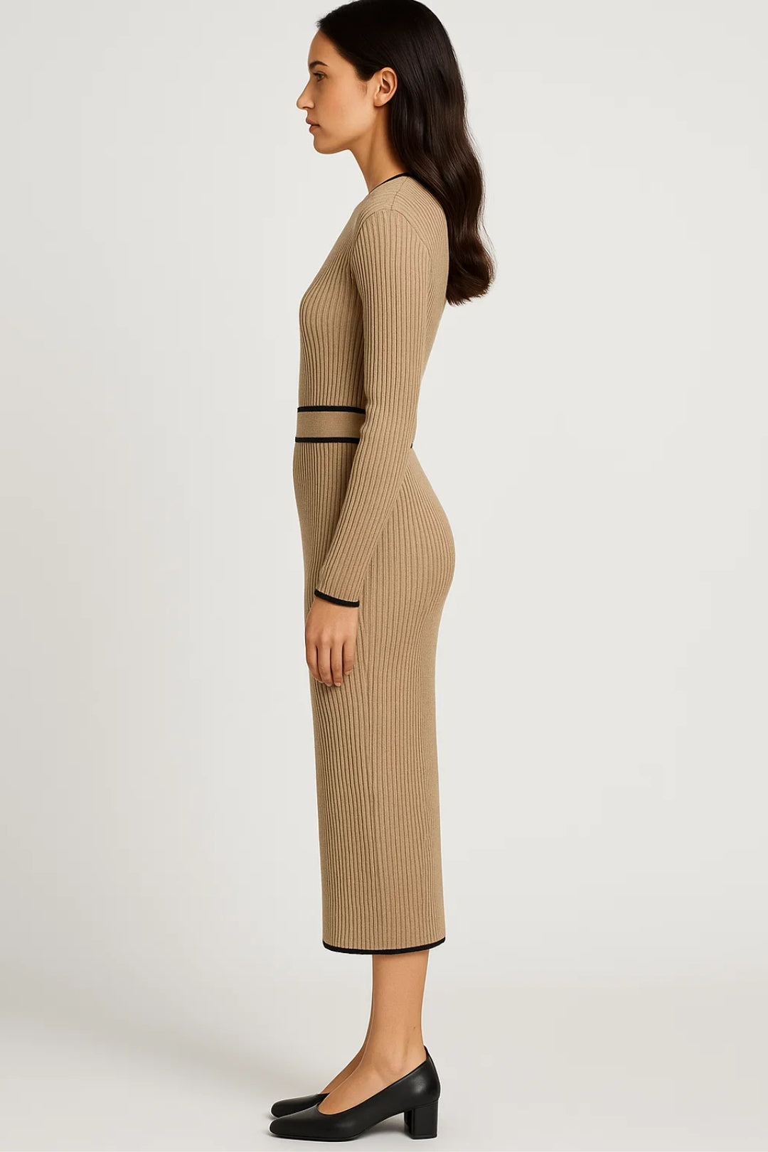Gebreide Midi Jurk | Lange Mouwen met Contrastrand | Elegante Wraplook