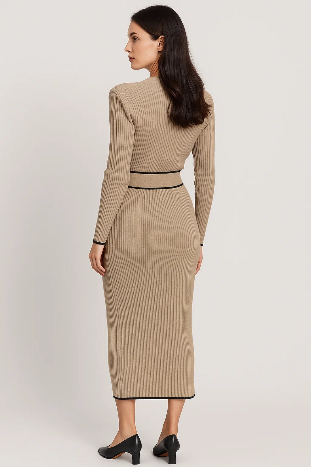 Gebreide Midi Jurk | Lange Mouwen met Contrastrand | Elegante Wraplook