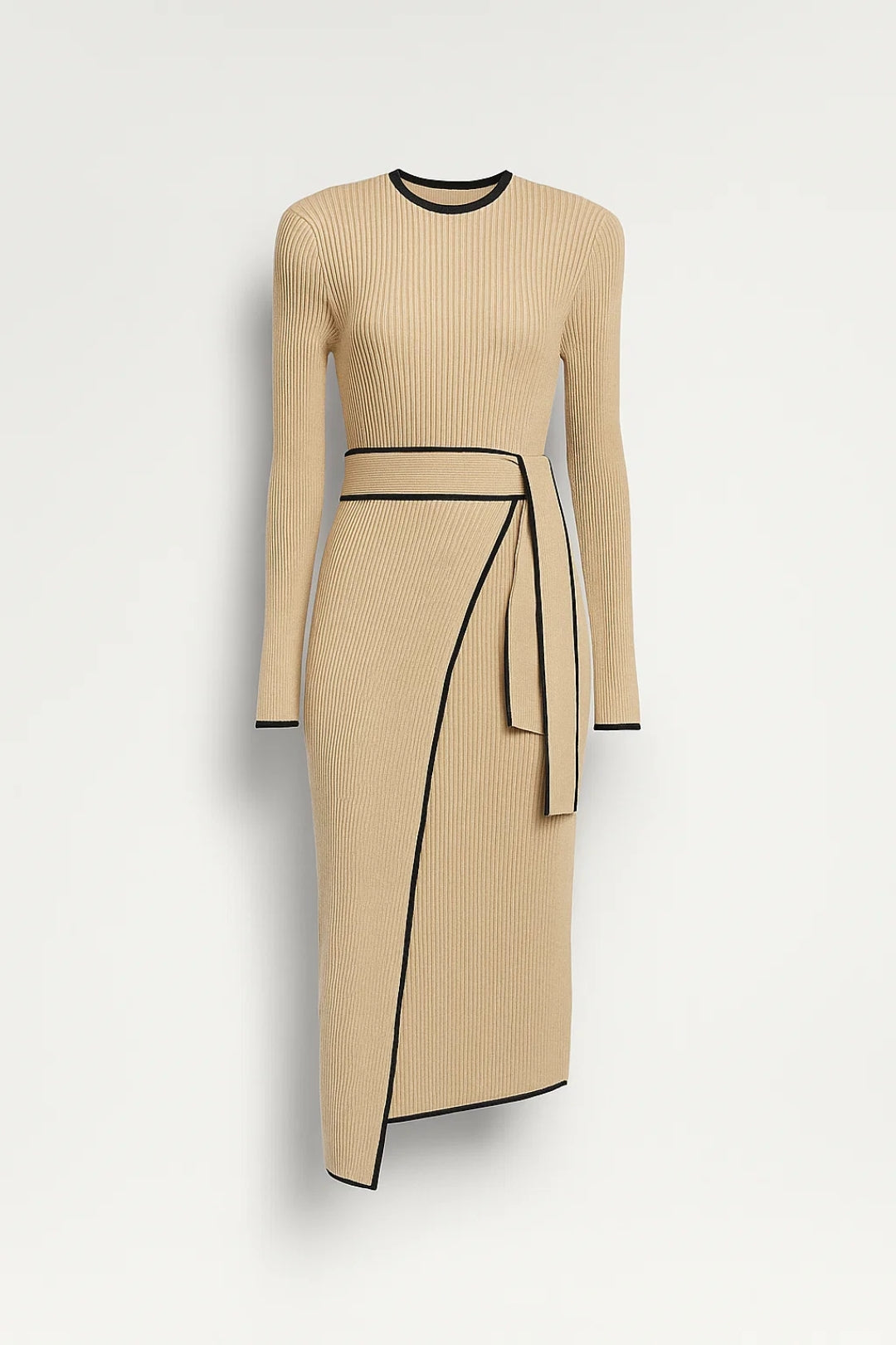 Gebreide Midi Jurk | Lange Mouwen met Contrastrand | Elegante Wraplook