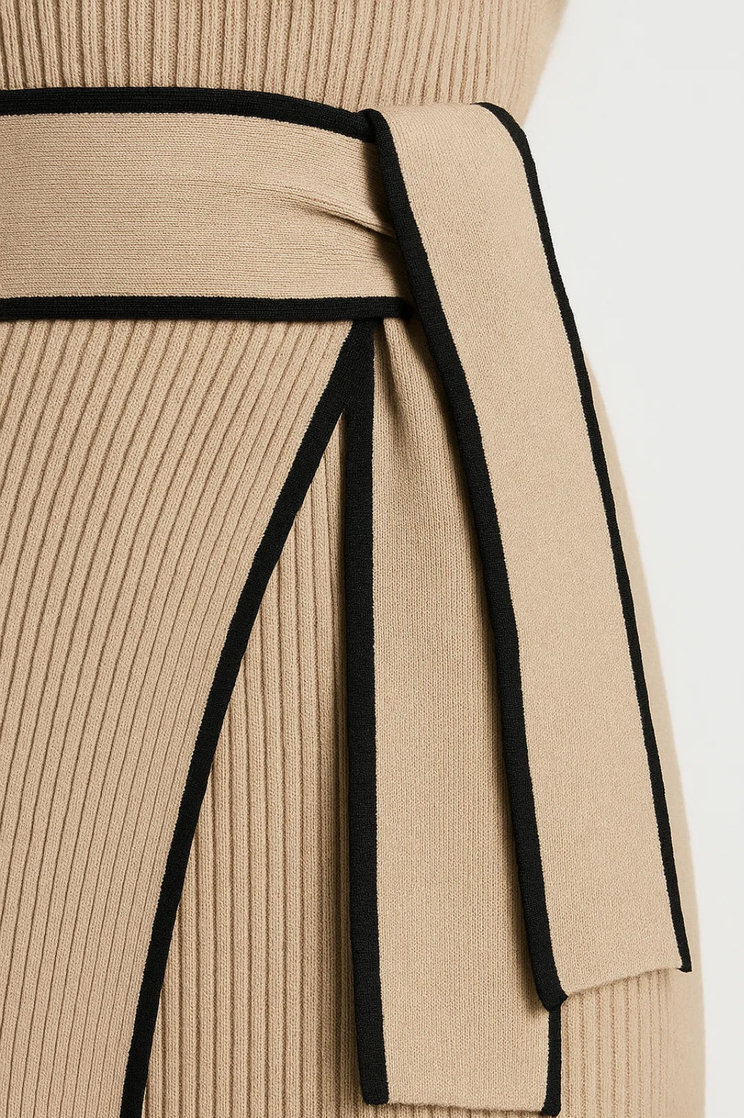 Gebreide Midi Jurk | Lange Mouwen met Contrastrand | Elegante Wraplook