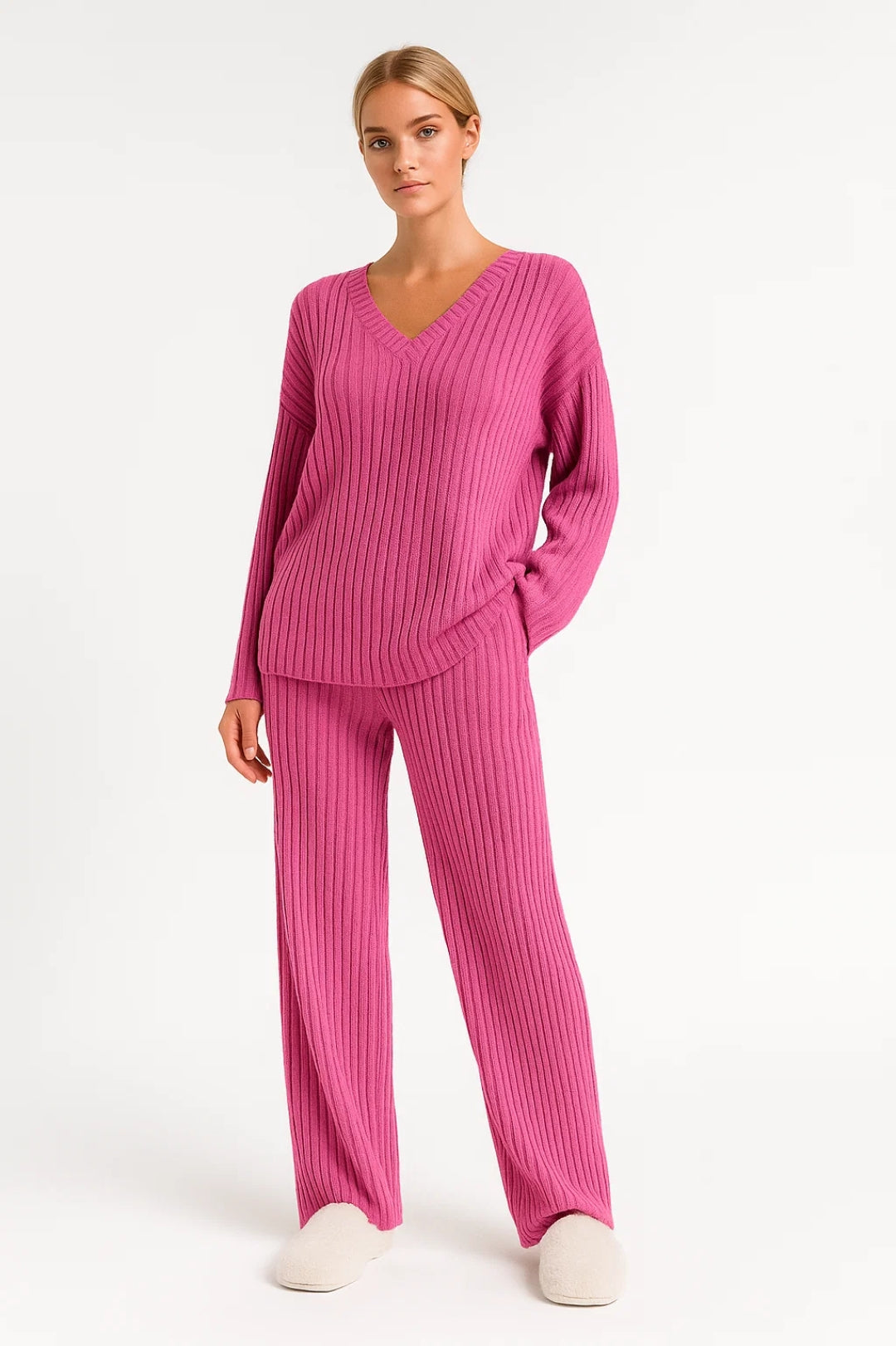 Geribbelde Lounge Set | Comfort Fit Met V-Hals | Zacht en Casual