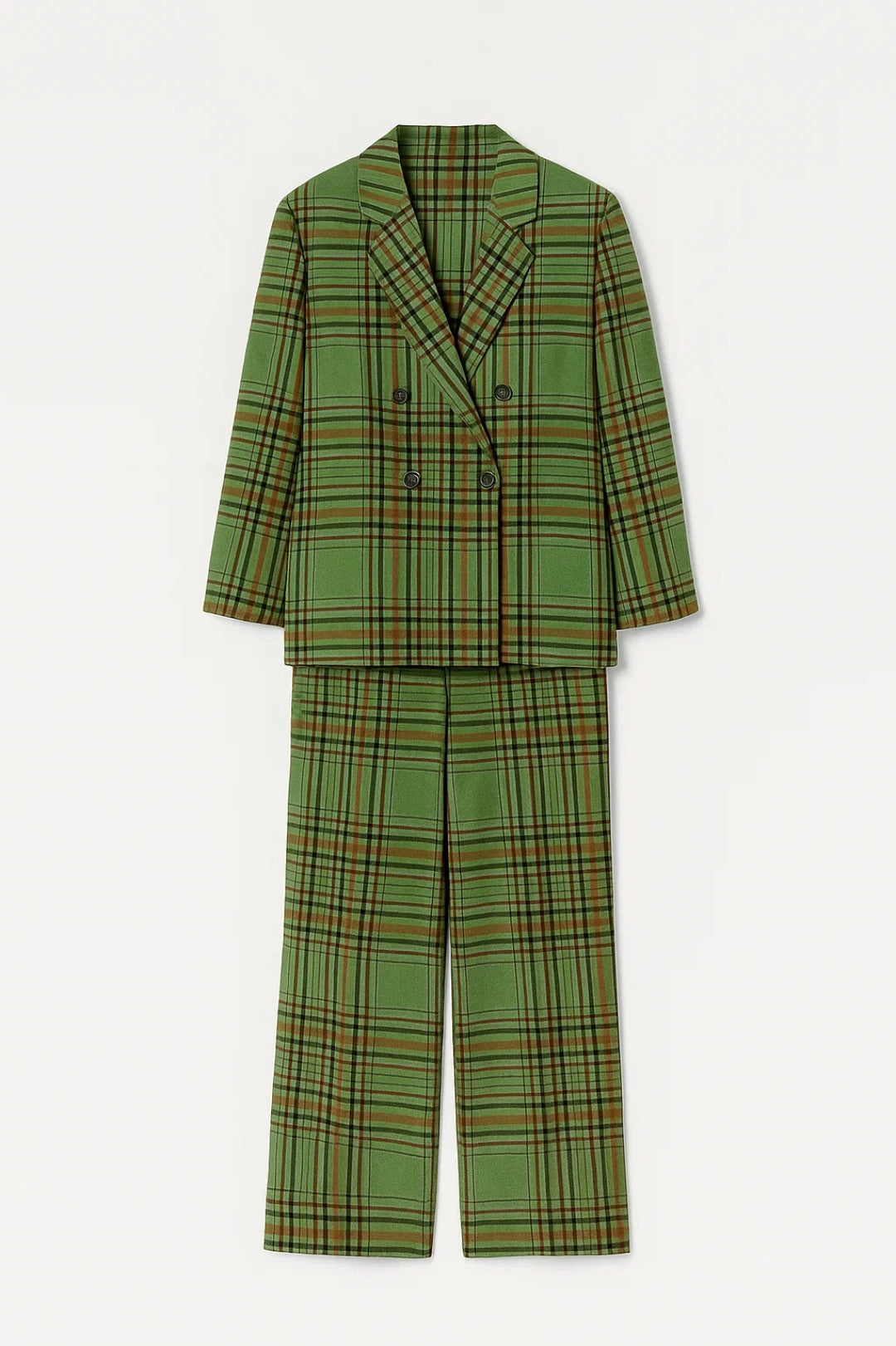 Geruit Pak | Dubbelrijige Blazer | Rechte Broek met Hoge Taille