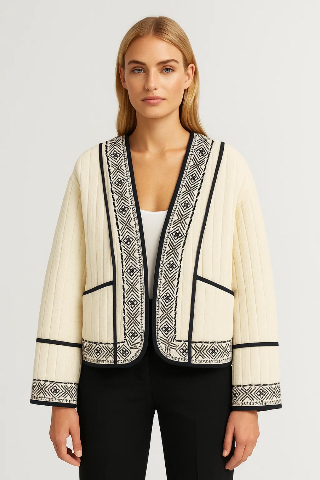 Geweven Damesvest | Korte Open Jas met Borduursel | Elegant en Comfortabel