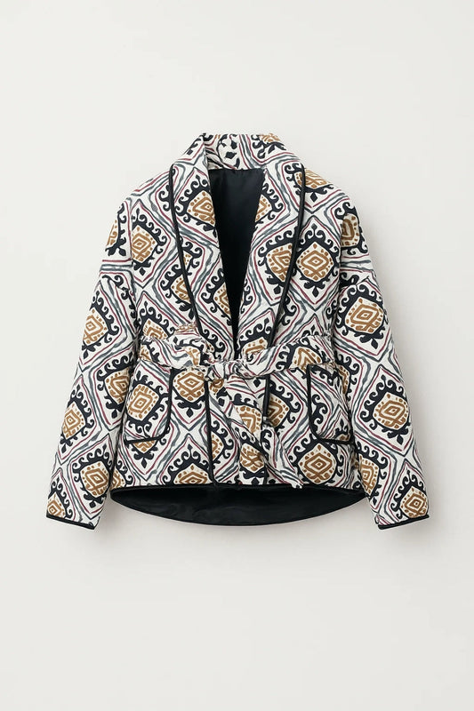 Grafisch Gewatteerd Vest | Damesjas met Ceintuur | Comfort en Statementstijl