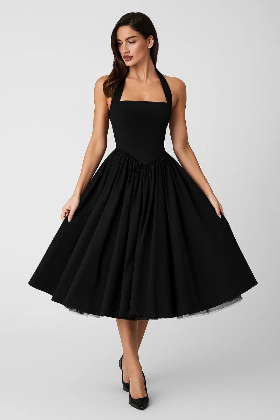 Halterjurk met Volle Rok | Vintage Silhouet | Elegante Midi Snit