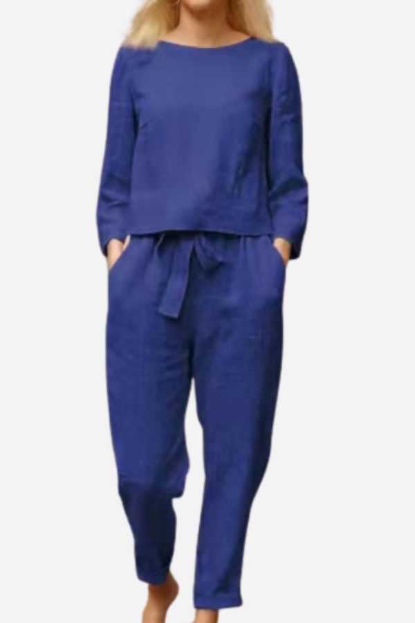Noor - Stijlvolle Linnen Co-ord Set Dames met Ronde Hals en Strikbroek