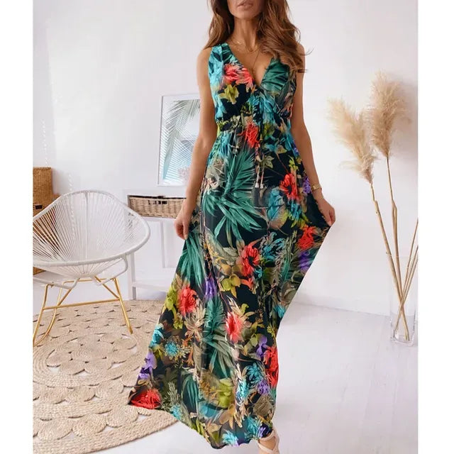 Isa - Boho Bruiloft Gastenjurk Dames met Tropische Print en Diepe V-hals