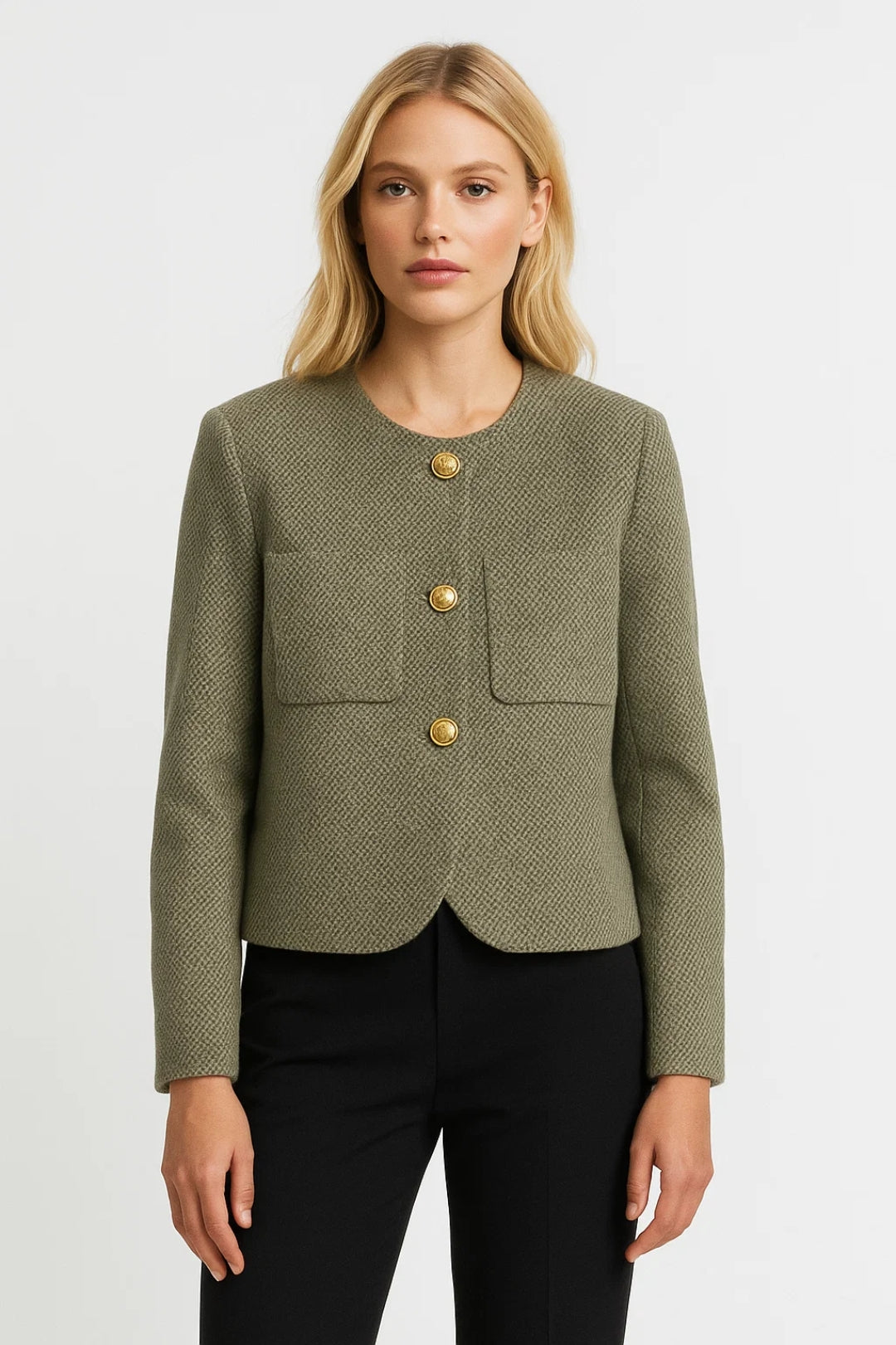 Korte Damesjas | Ronde Halslijn met Gouden Knoopsluiting | Verfijnde Look