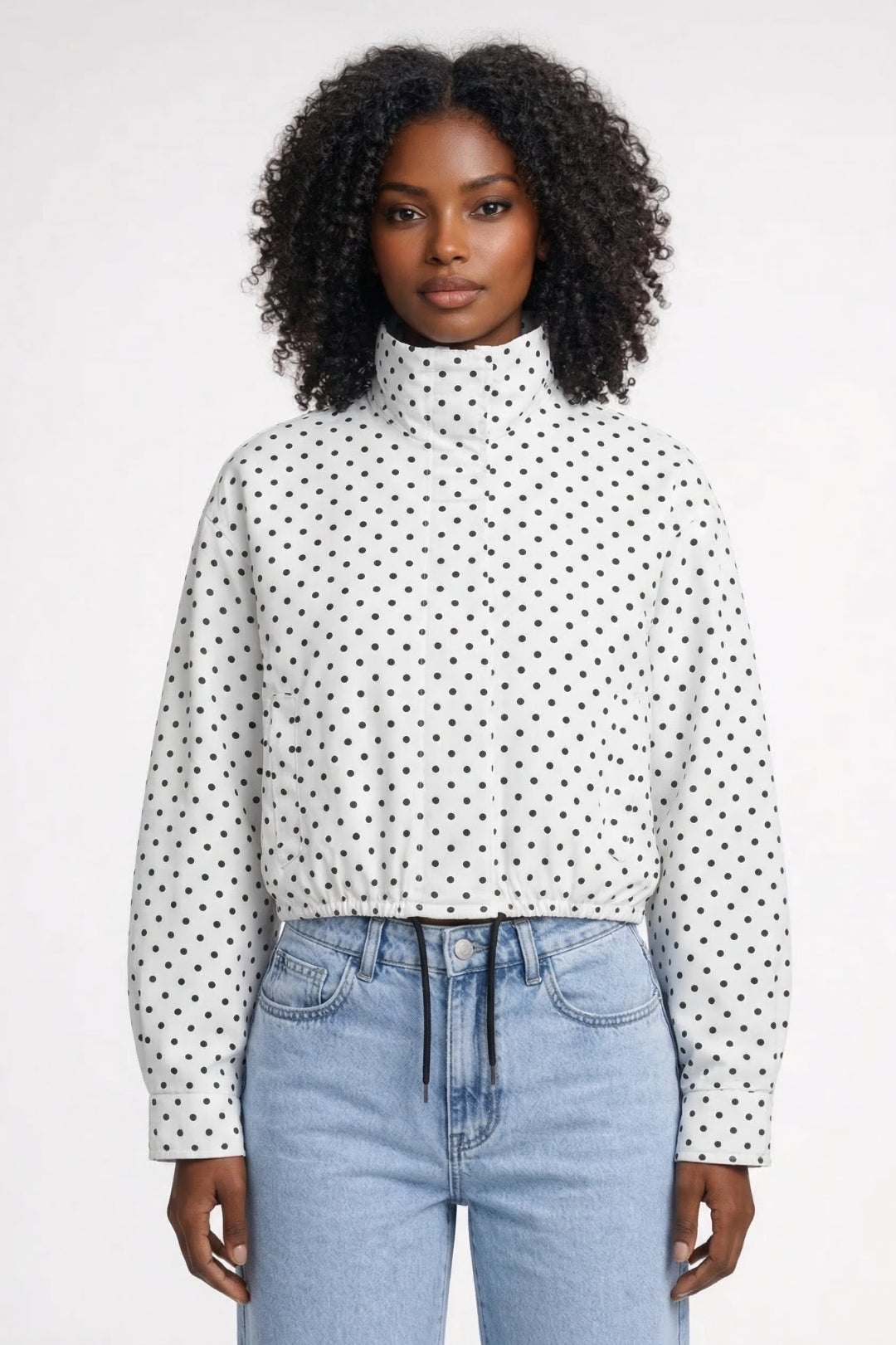 Korte Jas Dames - Oversized Stippenprint met Opstaande Kraag